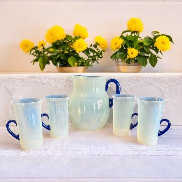RARE Antique 1920s Fry Foval Opalescent Lemonade Set-Cobalt Blue-Art Deco - Picture 1 of 12